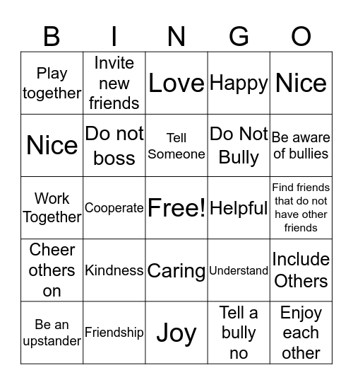 Be a Friend Bingo Card