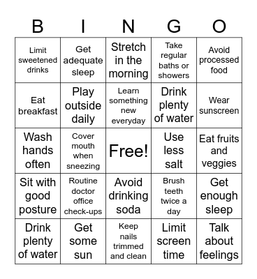 Healthy Habits Bingo Card