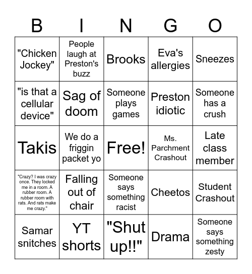 1st period bingo Card