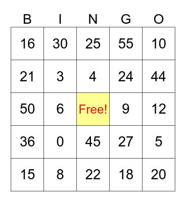 Multiplication Facts (0x - 5x) Bingo Card