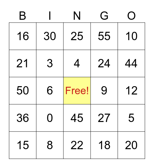 Multiplication Facts (0x - 5x) Bingo Card