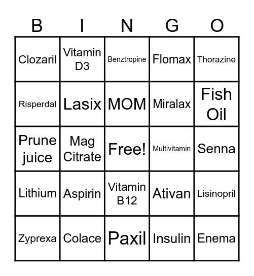 Medication Education Bingo Card
