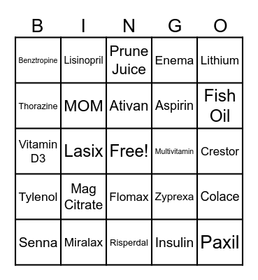 Medication Education Bingo Card