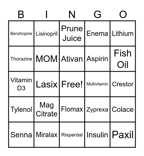 Medication Education Bingo Card