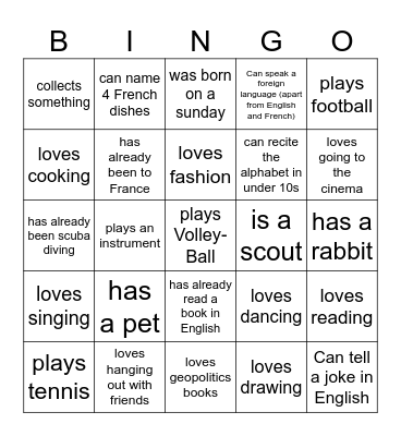 Find an Italian student who Bingo Card