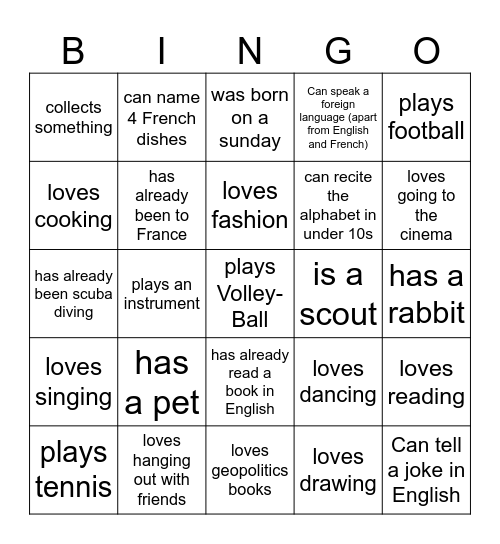 Find an Italian student who Bingo Card