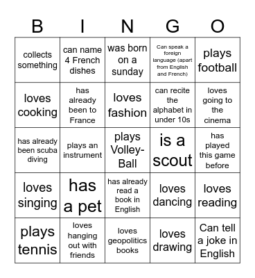 Find an Italian student who Bingo Card