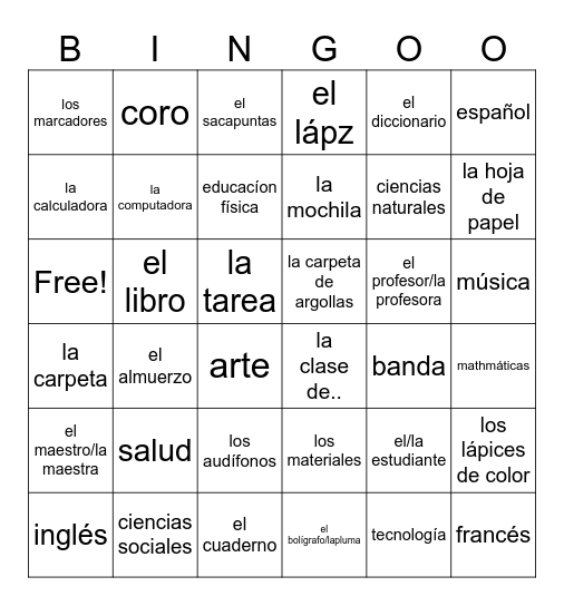 Objects/Classes 2A-Spanish Bingo Card