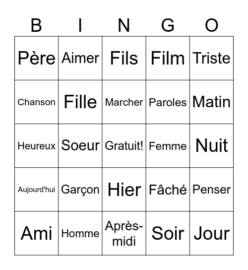 PIF Vocab Bingo Card