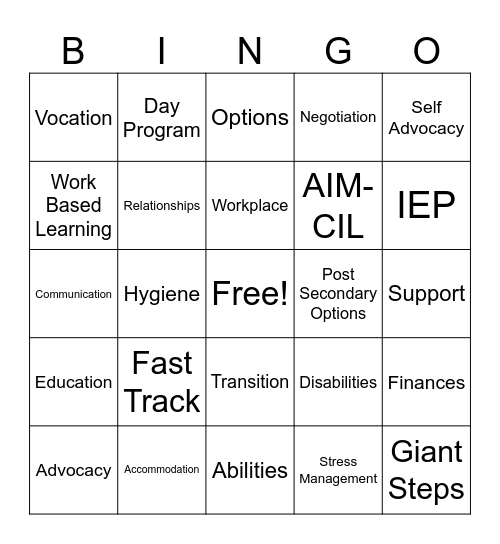Fast Track Bingo Card