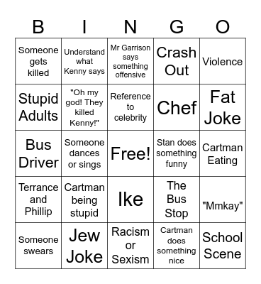 South Park Bingo Card