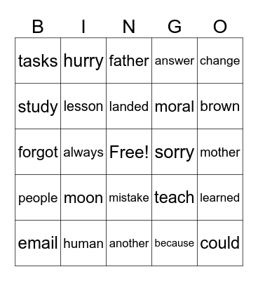 1st Grade Bingo Card