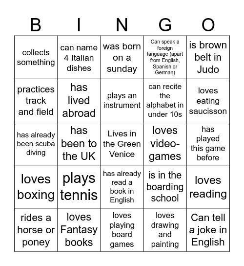 Find a French student who Bingo Card