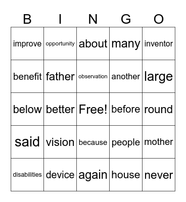 2nd grade Bingo Card