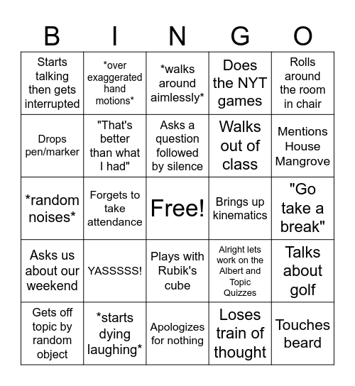 Mr. Saxton Bingo Card