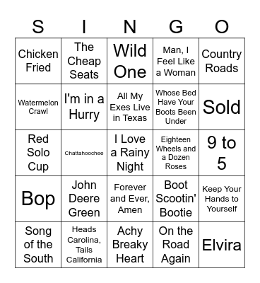 Country Hits SINGO Bingo Card