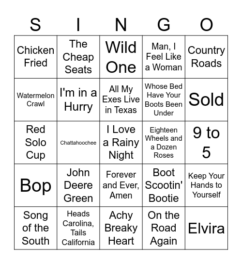 Country Hits SINGO Bingo Card