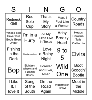 Country Hits SINGO Bingo Card