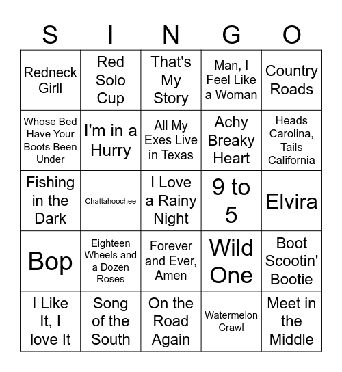Country Hits SINGO Bingo Card