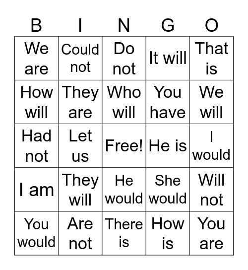 Contractions Bingo Card