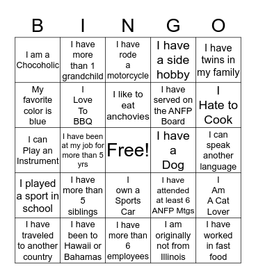 Illinois ANFP Getting to Know You Bingo  Bingo Card