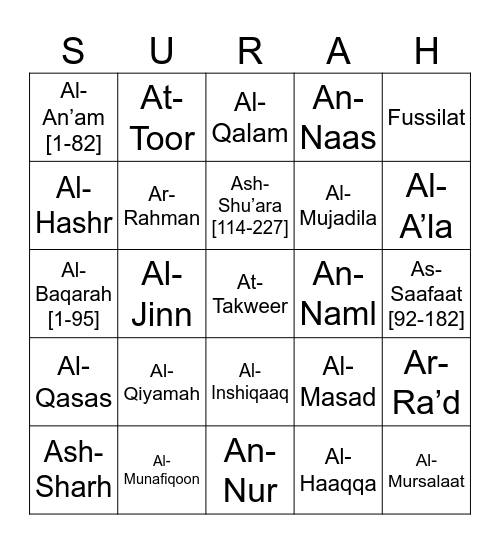 Qur'an Bingo Card