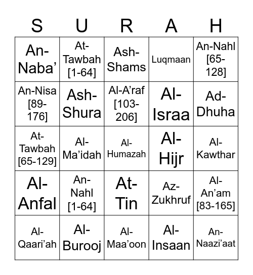 Qur'an Bingo Card
