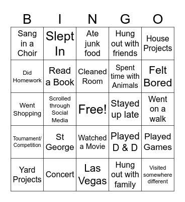 Bingo Spring Break Edition Bingo Card