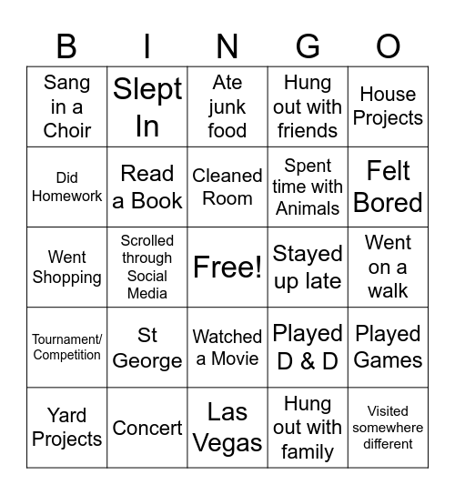 Bingo Spring Break Edition Bingo Card