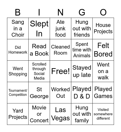 Bingo Spring Break Edition Bingo Card