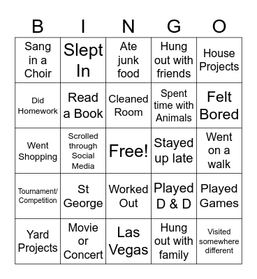Spring Break Bingo Card