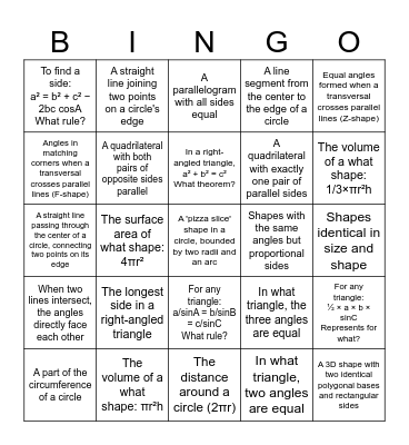 Geometry Maths Bingo Game Bingo Card
