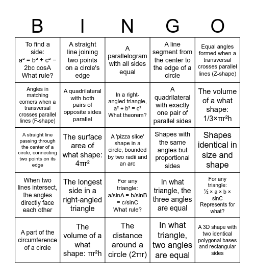 Geometry Maths Bingo Game Bingo Card
