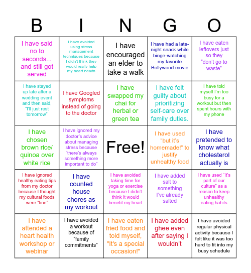 SAHHI x South Asian Care: Heart Health Bingo Card