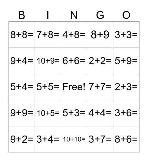 Addition Math Facts up to 20 Bingo Card