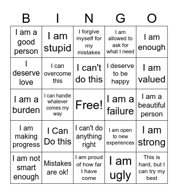 + or - Self-Talk? Bingo Card