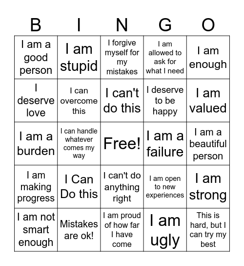 + or - Self-Talk? Bingo Card