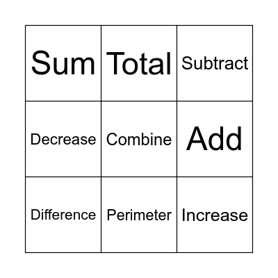 Addition and Subtraction Key Words Bingo Card
