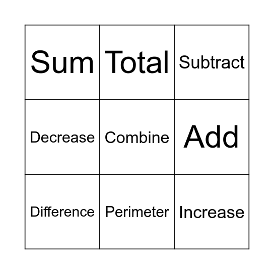 Addition and Subtraction Key Words Bingo Card