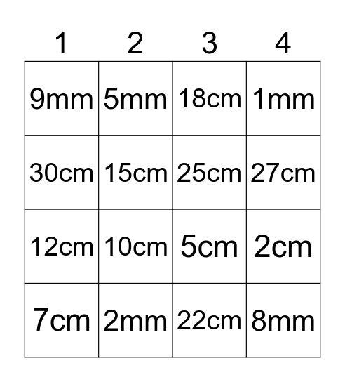 Measurement Bingo Card