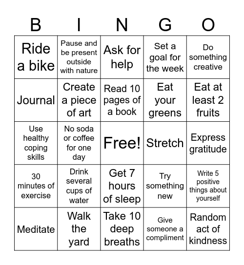 Try to score a wellness Bingo today! Bingo Card