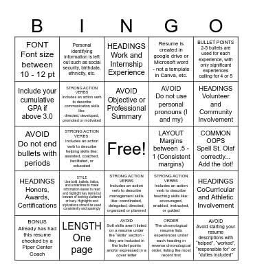 Resume Bingo Card