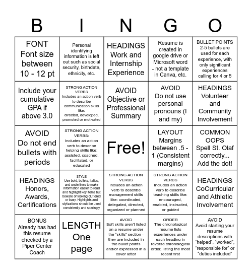 Resume Bingo Card