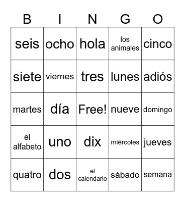 Spanish numbers and days of the week Bingo Card