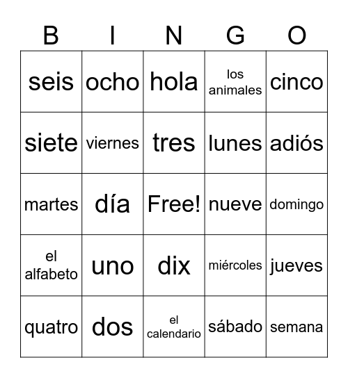 Spanish numbers and days of the week Bingo Card