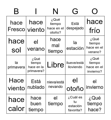 El Tiempo y Las estaciones Bingo Card