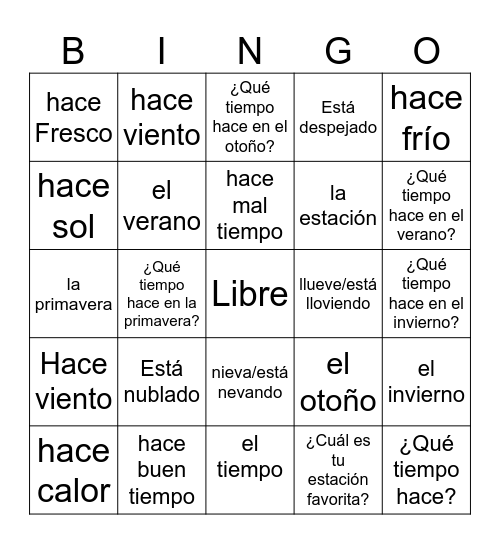 El Tiempo y Las estaciones Bingo Card