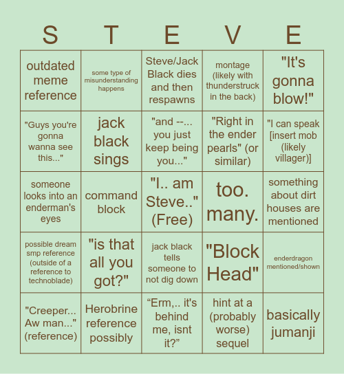 Minecraft Movie Bingo Card