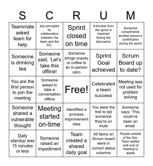 Daily Scrum Bingo Card