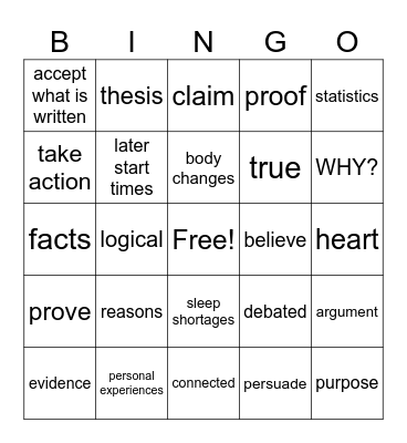 Elements of Argument Bingo Card